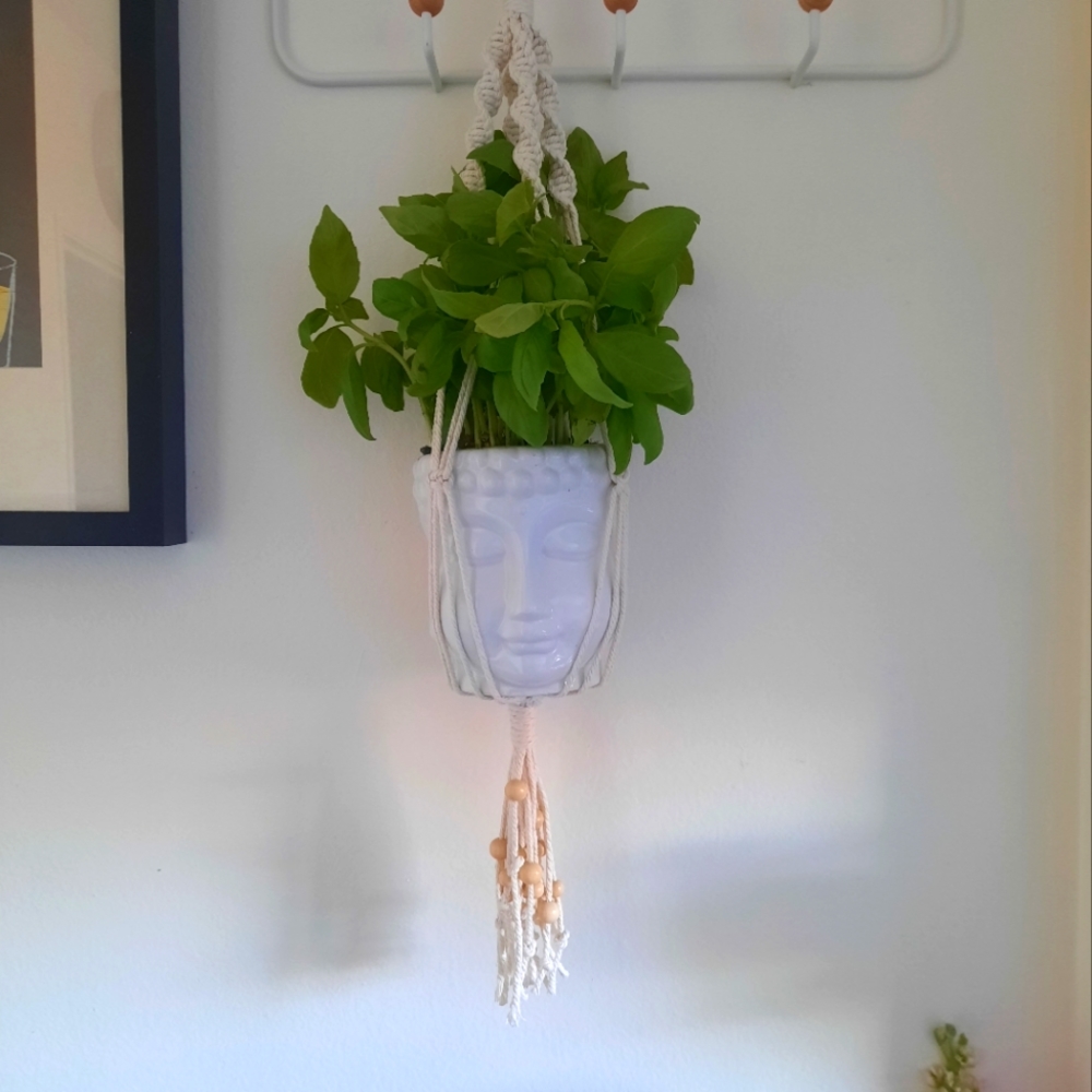 Macrame plant Hanger, white face flower pot, boho, handmade in Canada, Bohemian